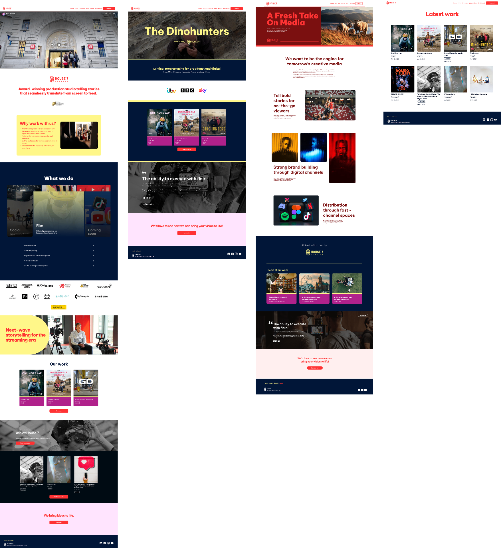 Four new House 7 site screens side by side — Studios home, Dinohunters film page, Channels page and Latest work grid