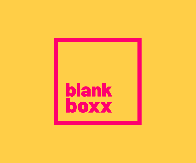 Blank Boxx mark in hot pink on a yellow field