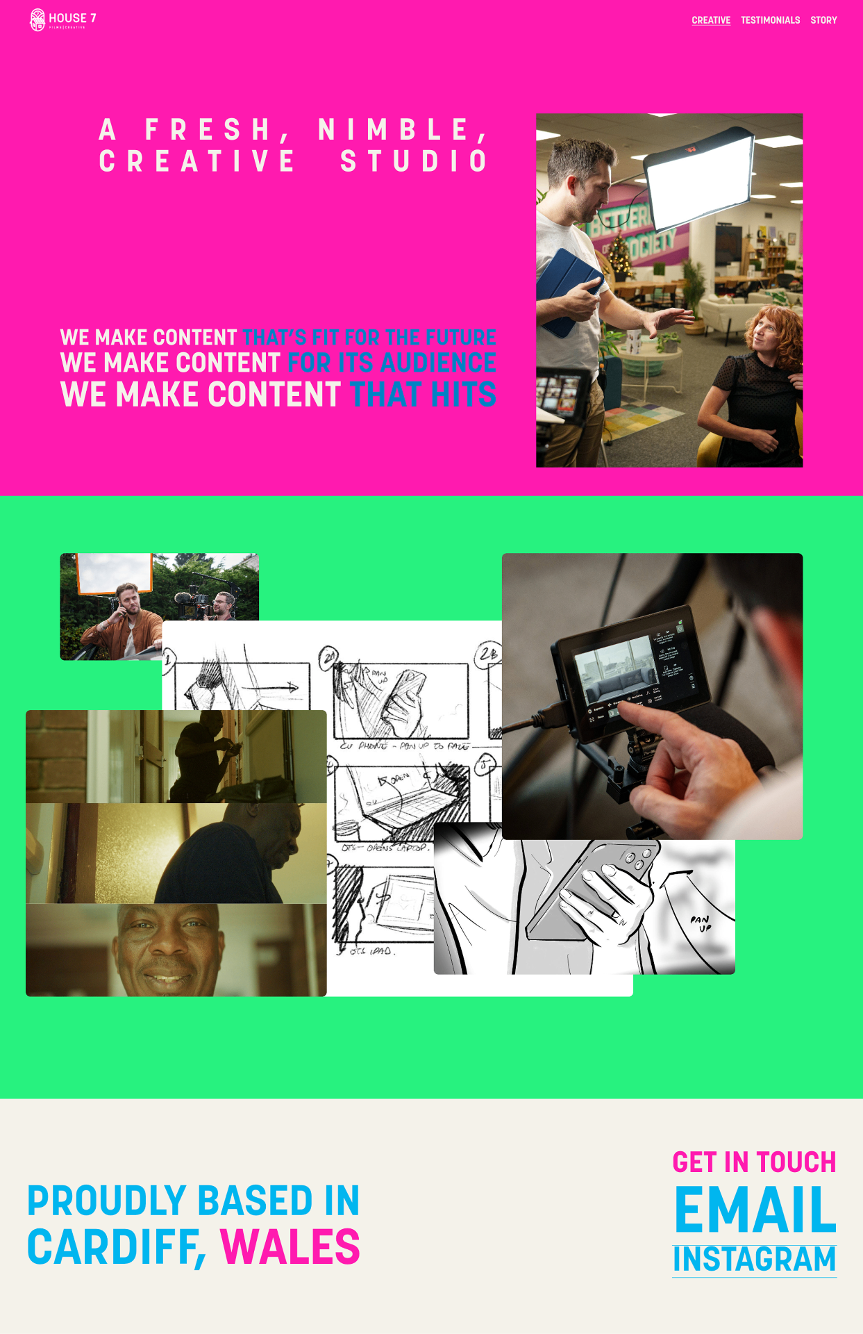Old House 7 Creative hero in hot pink — 'A fresh, nimble creative studio' with a production still