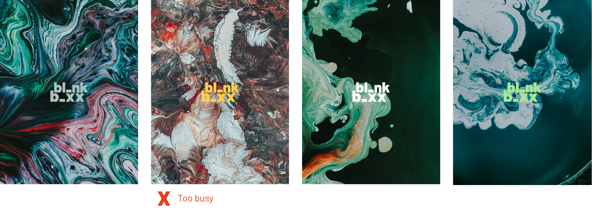 Four early marbled visual explorations for Blank Boxx marked as too busy
