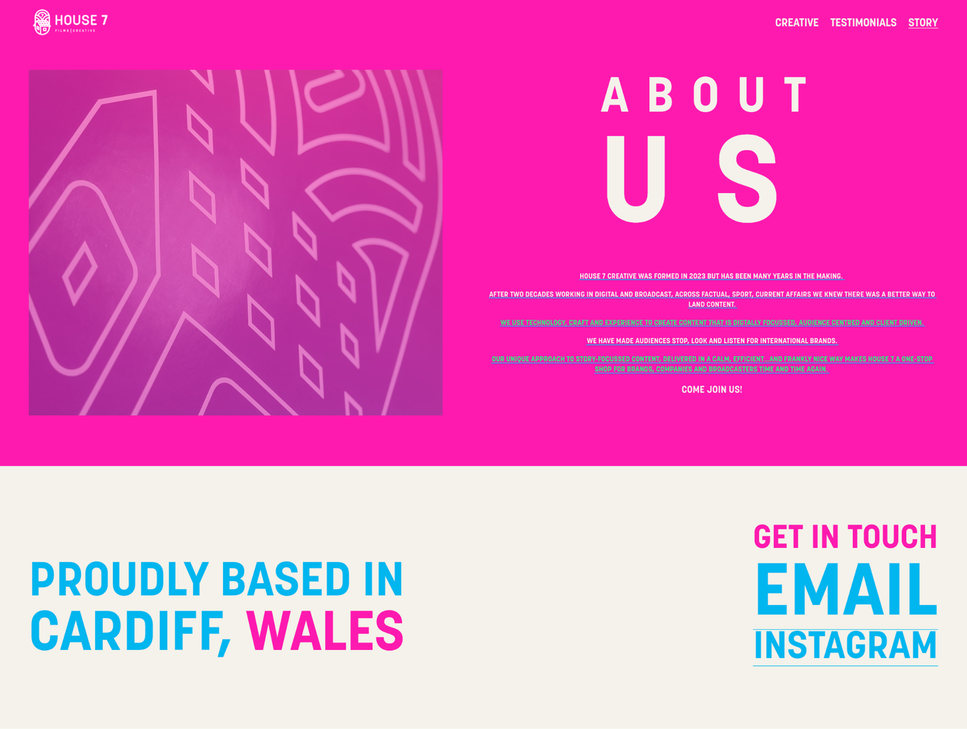 Old House 7 Creative about page in hot pink with large 'About Us' wordmark