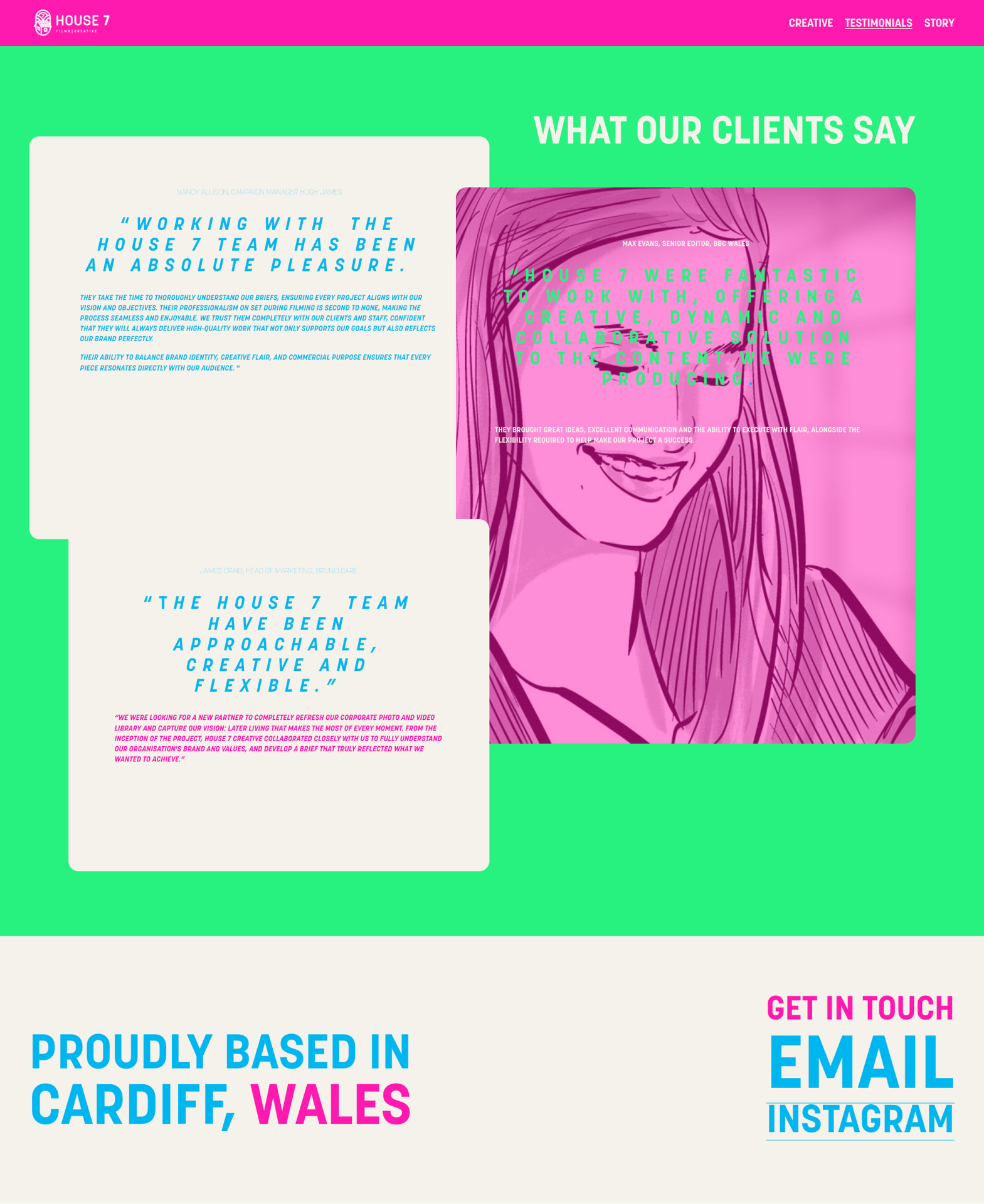 Old House 7 Creative testimonials page in hot pink with client quotes from BBC Wales, Hugh James and BrunelCare