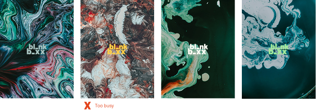 Four early marbled and inky photographic explorations of the Blank Boxx wordmark, marked 'Too busy'