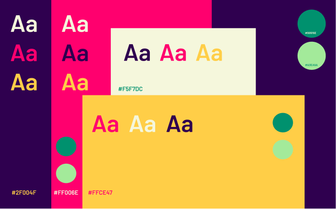 Type and colour system showing typographic samples and the palette: aubergine, hot pink, yellow, cream, emerald, mint