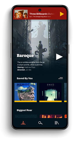 Story listing screen titled Baroque with player controls and saved-by-you carousel