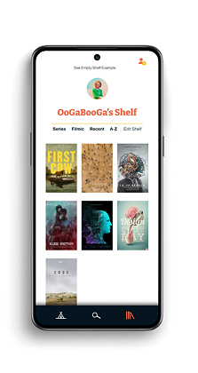 User shelf with saved series, filmic and recent audio titles