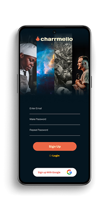 Charrmello sign-up screen with email, password and Google sign-in