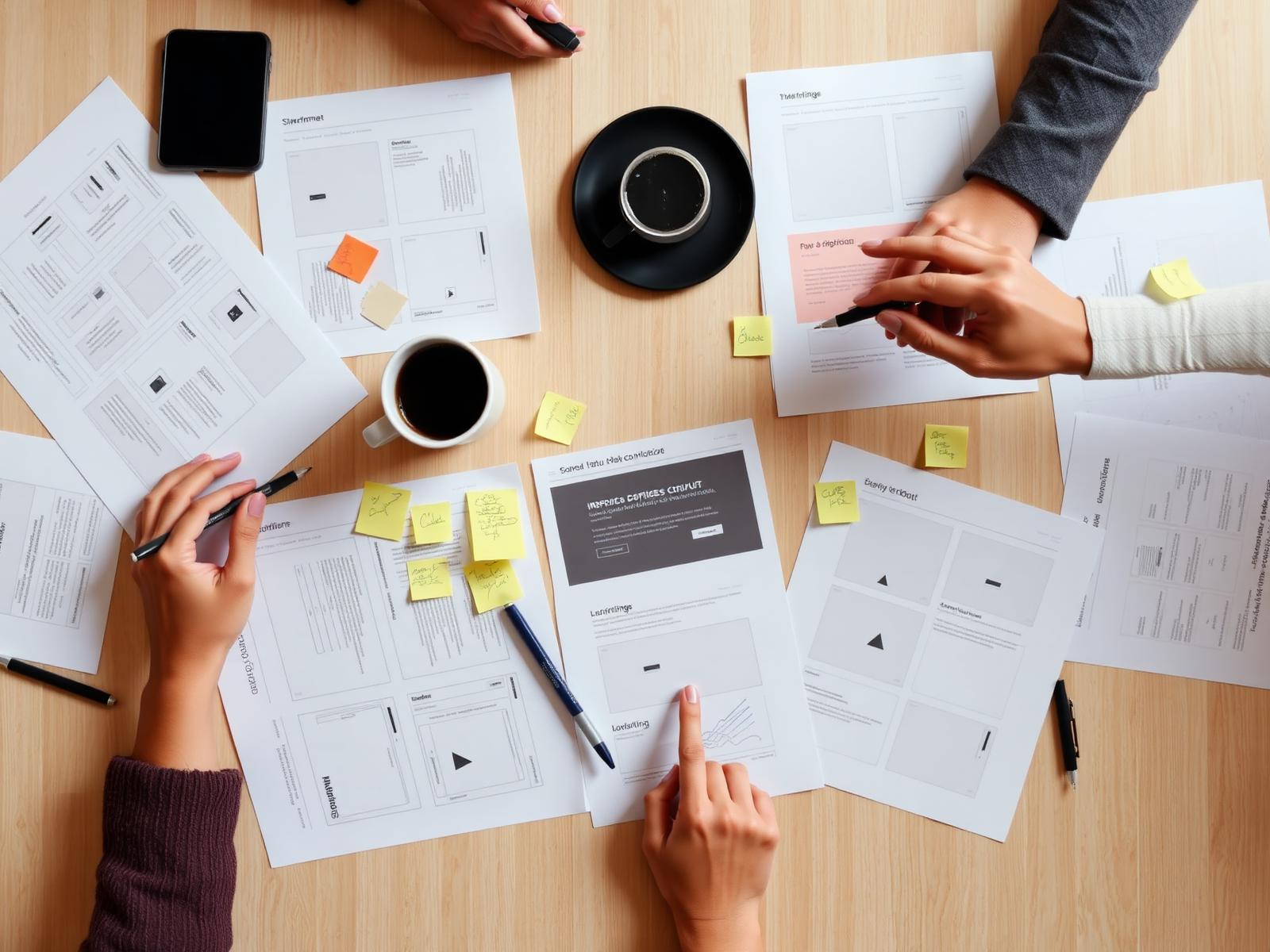 Overhead view of a design critique with printed wireframes, landing page mocks, sticky notes and coffee cups across a wooden table