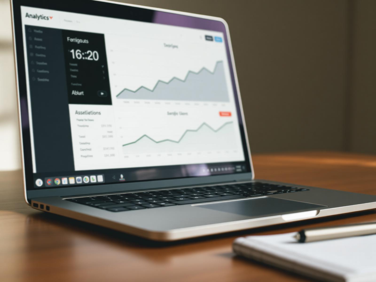 A laptop on a wooden desk showing a clean analytics dashboard with an upward conversion line