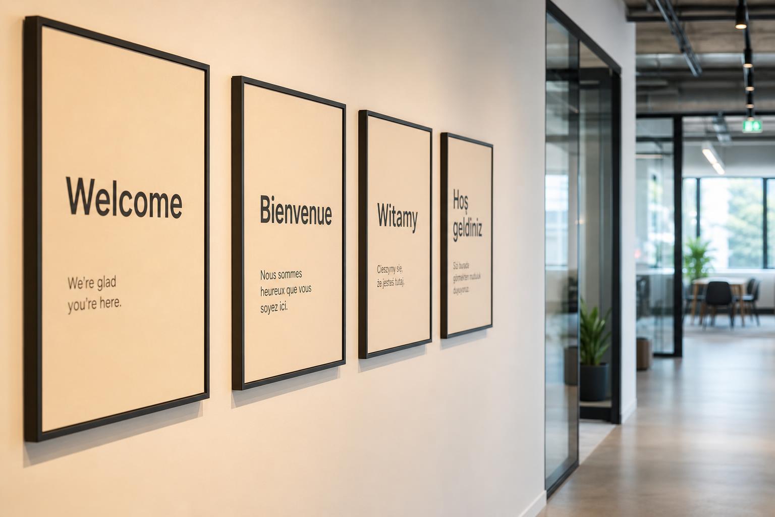 A modern office hallway with framed multilingual welcome signs reading Welcome, Bienvenue, Witamy and Hoş geldiniz
