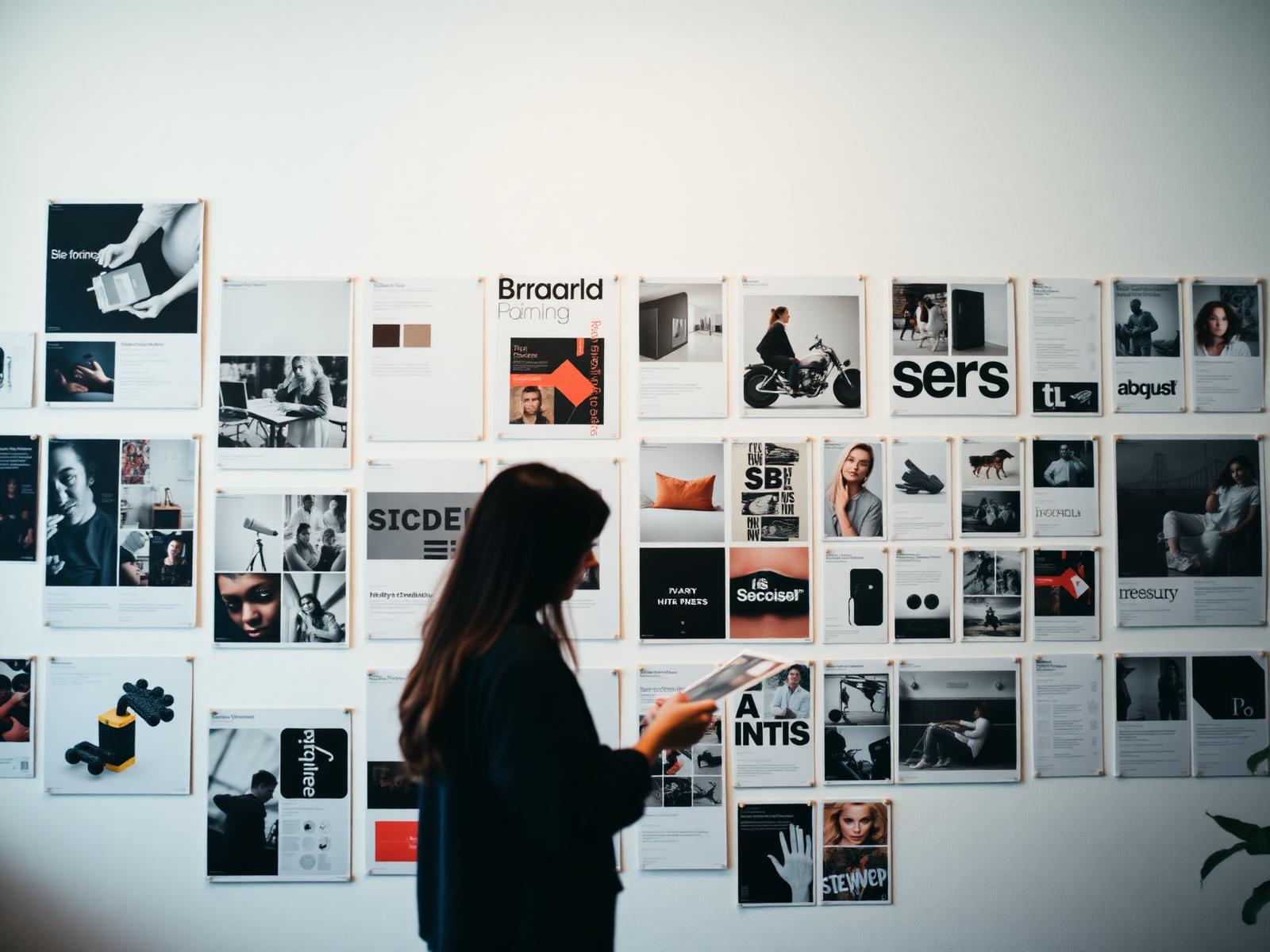 A studio wall covered in printed brand work, type specimens and photo prints, with a designer reviewing a printout