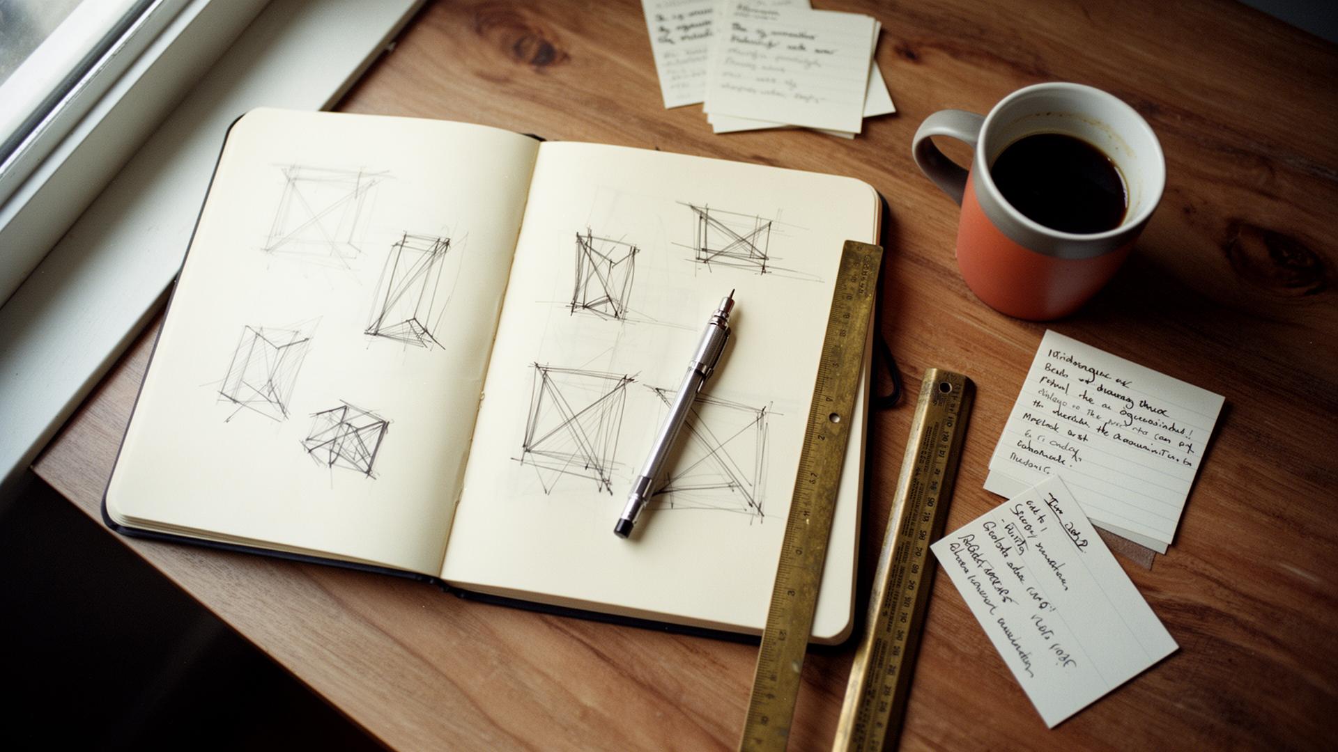 A designer's sketchbook with wireframes, brass ruler and a cup of coffee on a warm oak desk